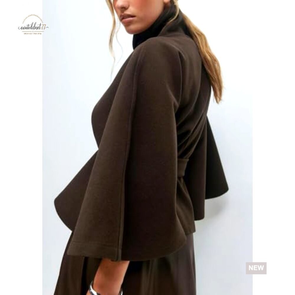 Wool Blend Pea Coat Cape Batwing Sleeve Oversized Chic Winter Cropped Overcoat - Picture 2 of 7